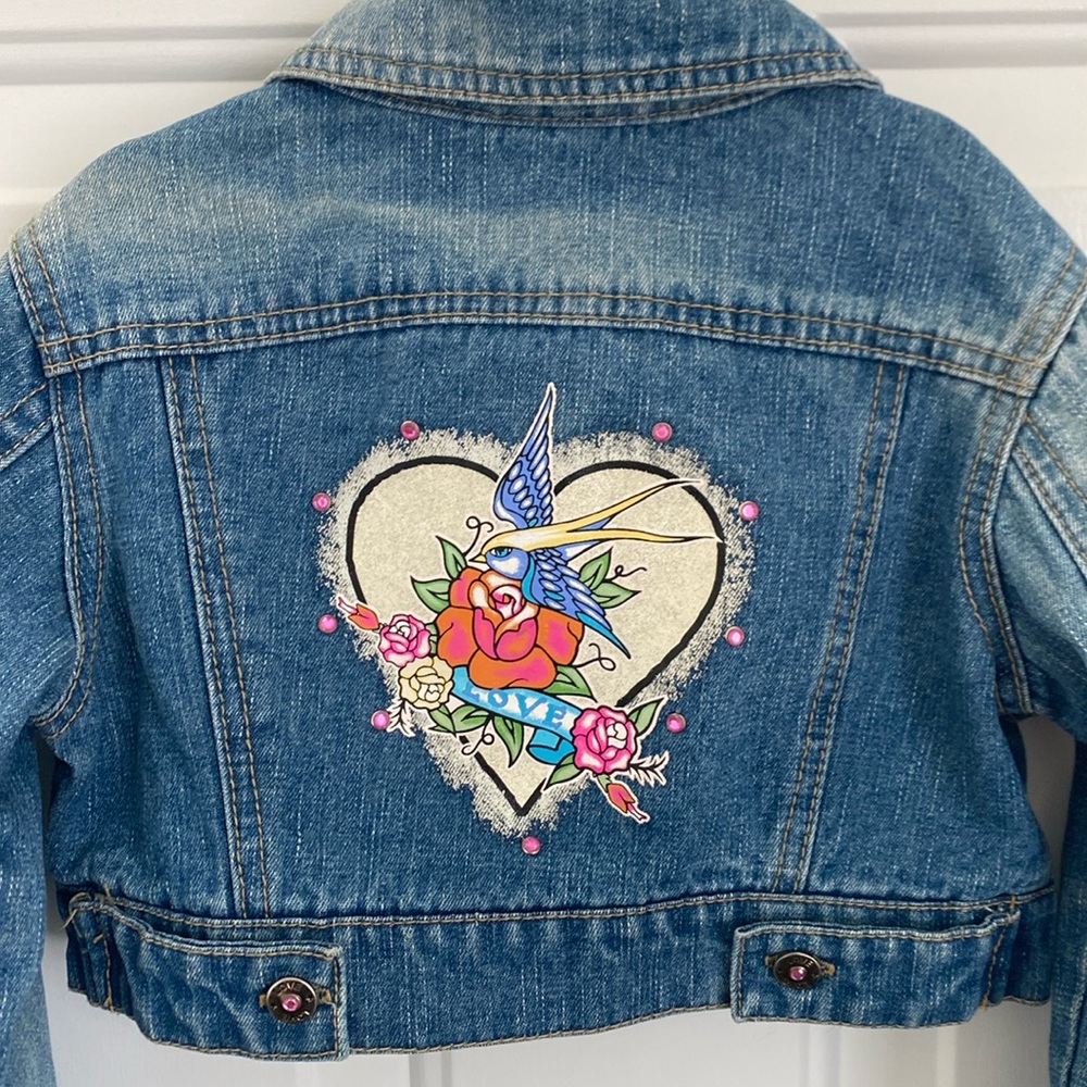Girl Connection Inked Cropped Blue Denim Jean Jacket - Size 7/8